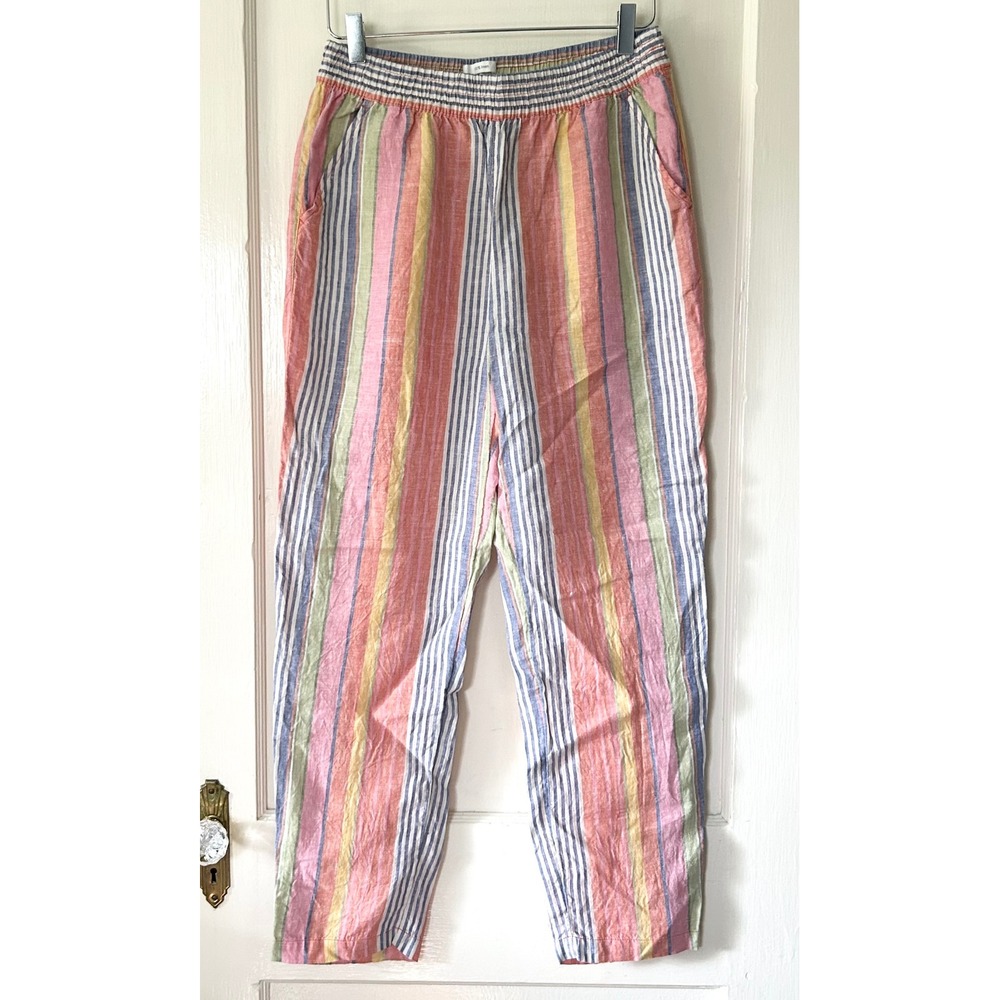 C&C California 100% Linen Pull On Straight Pants Colorful‎ Stripe M Vacation